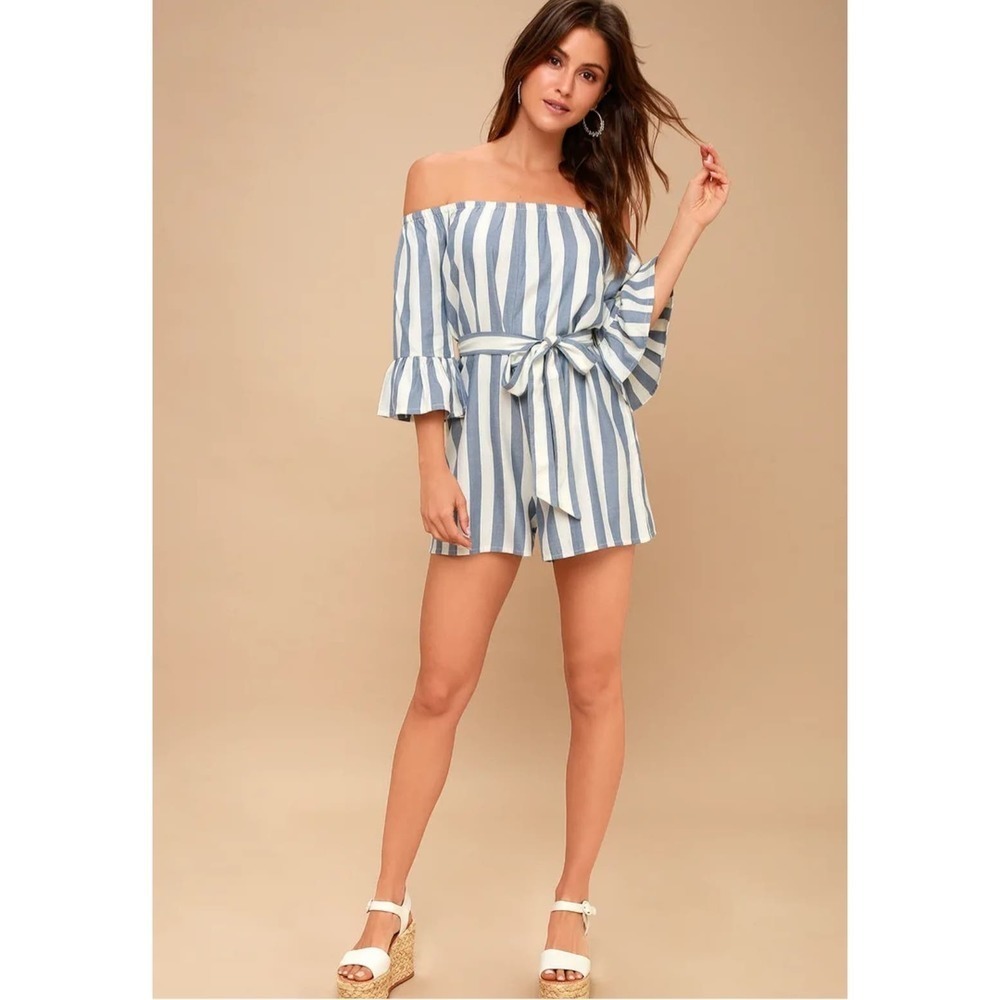 Billabong Fun In The Sun Striped Off The Shoulder Romper Size Large Blue White